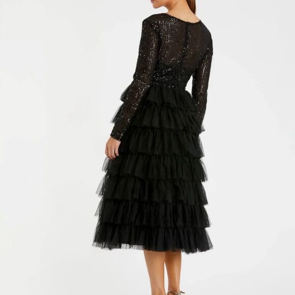 Mac Duggal Black Long Sleeve Ruffle Tiered Sequin Midi Cocktail Dress| 10 - Picture 2 of 10